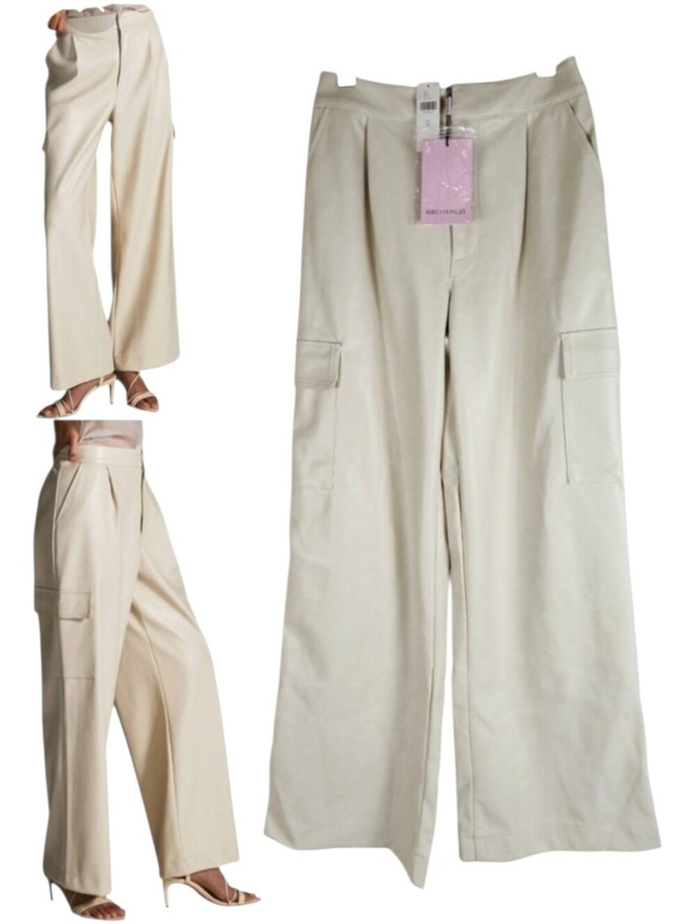 Avec Les Filles Anthropologie Womens Faux Leather Wide Leg Cargo Pants Ivory XS